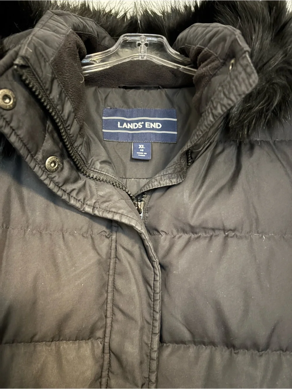 Lands' End Women's Black Puffer Coat with Removable faux -Fur Hood